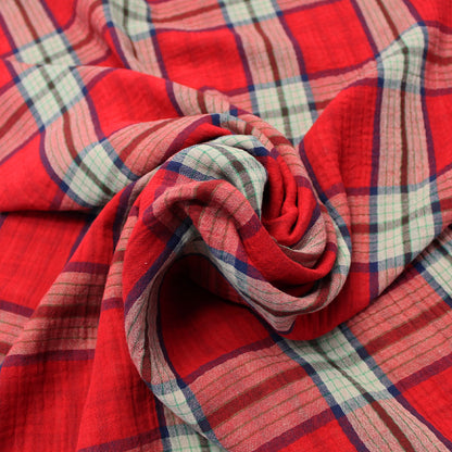 Red and Navy Check Reversible Double Gauze Fabric