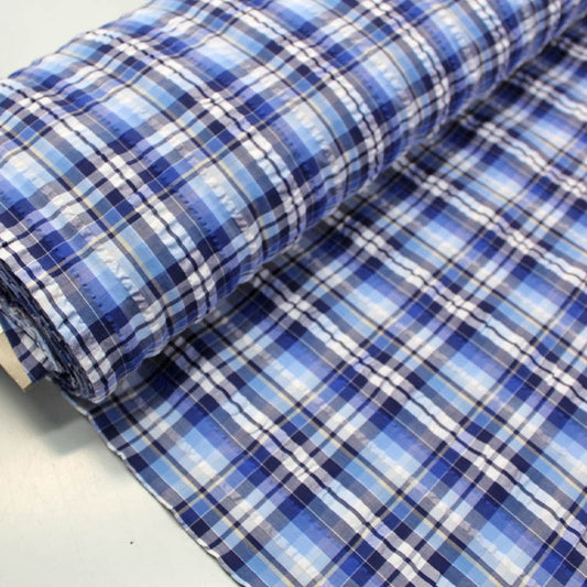 Blue and White Check Seersucker Fabric