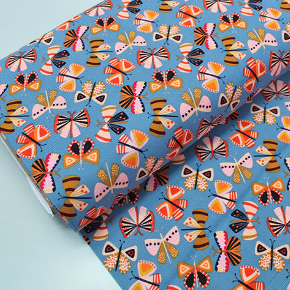 Butterfly Print Blue Needlecord Fabric
