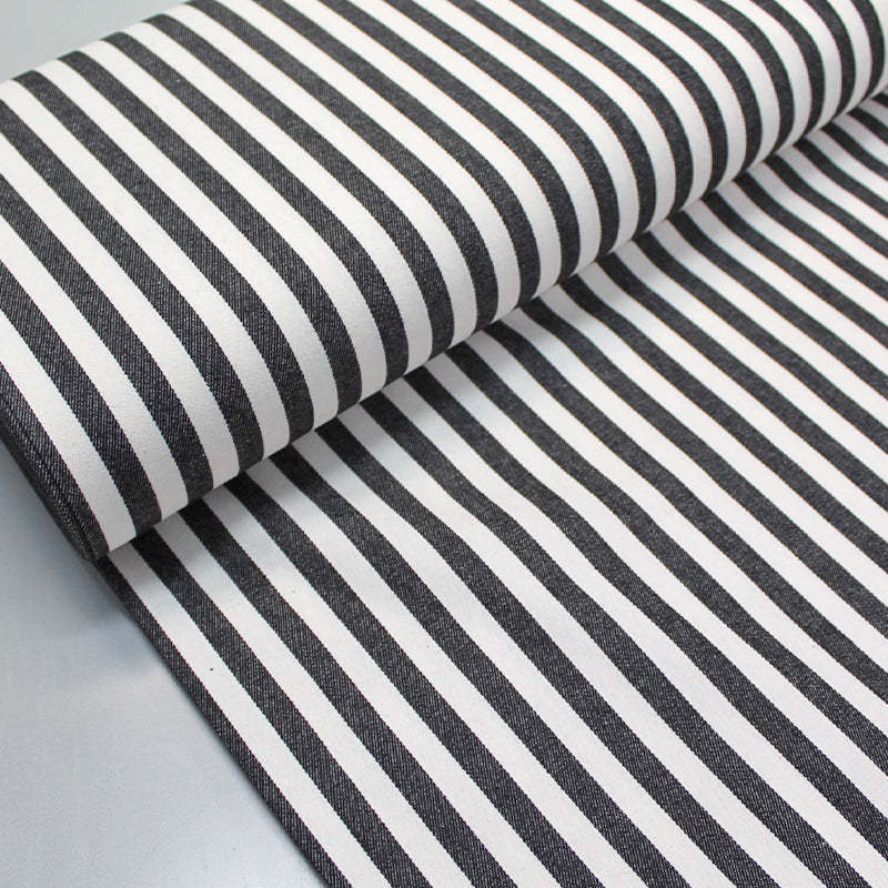charcoal and white striped cotton twill fabric