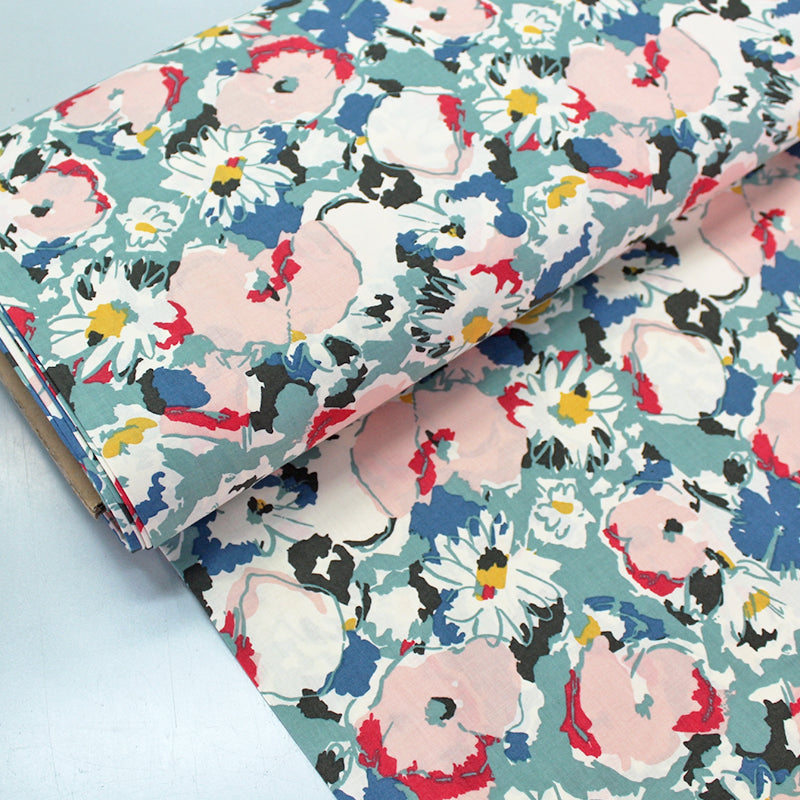 Green and pink floral cotton lawn fabric