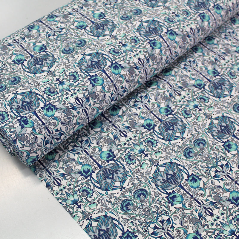 Blue and Turquoise Floral Cotton Lawn Fabric 