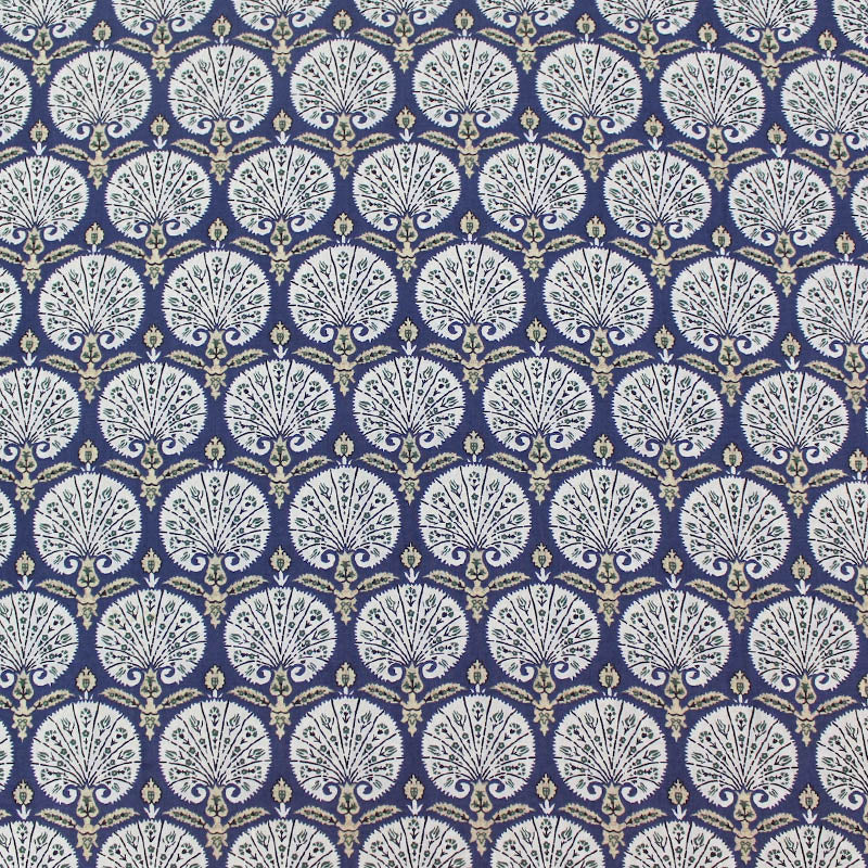 Peacock print dark blue cotton lawn fabric