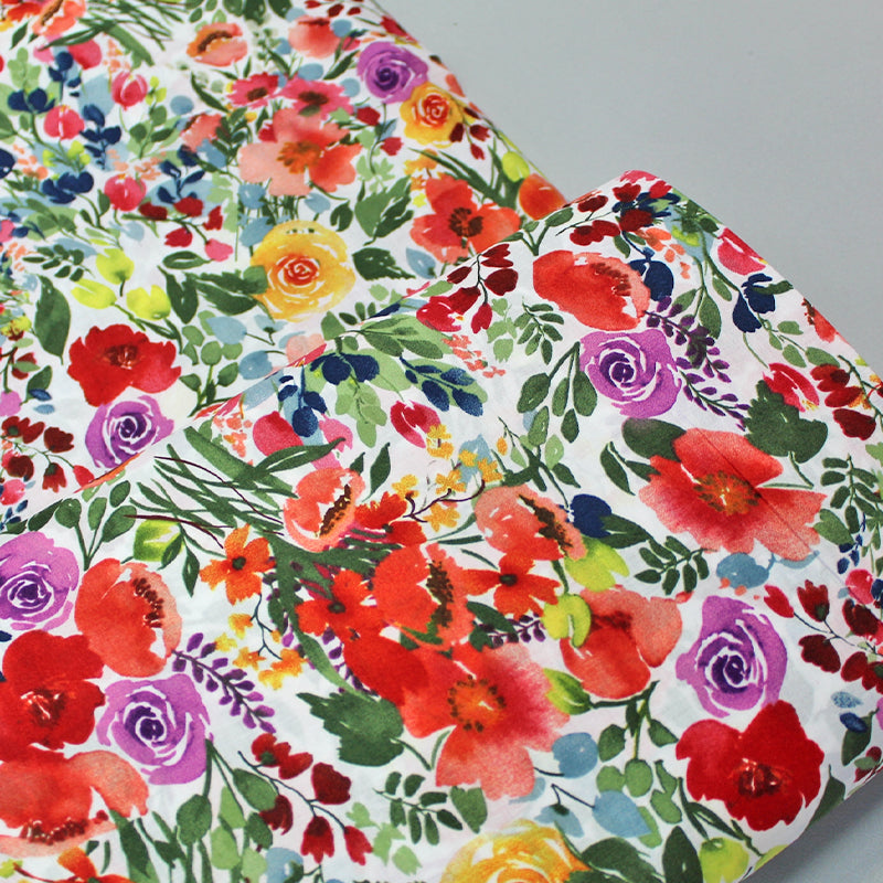 White and Multi Floral Rose Print Cotton Lawn Fabric