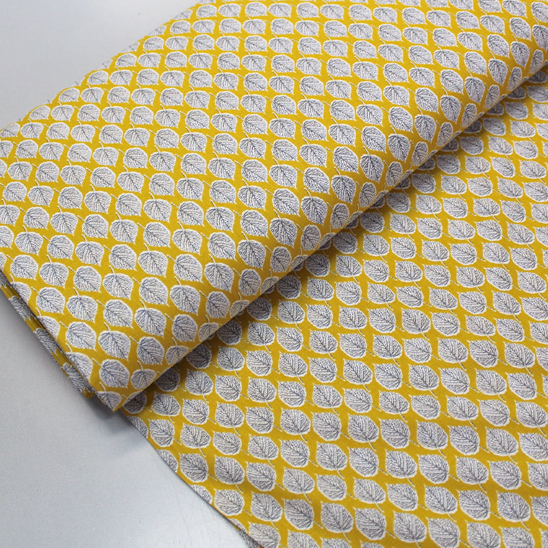 Yellow Leaf Print Cotton Lawn Fabric