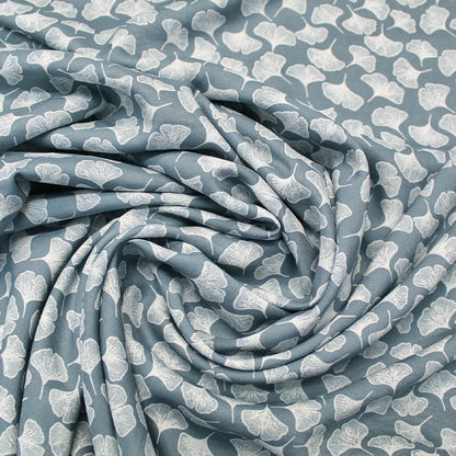 Ginkgo leaf print blue grey viscose dressmaking fabric