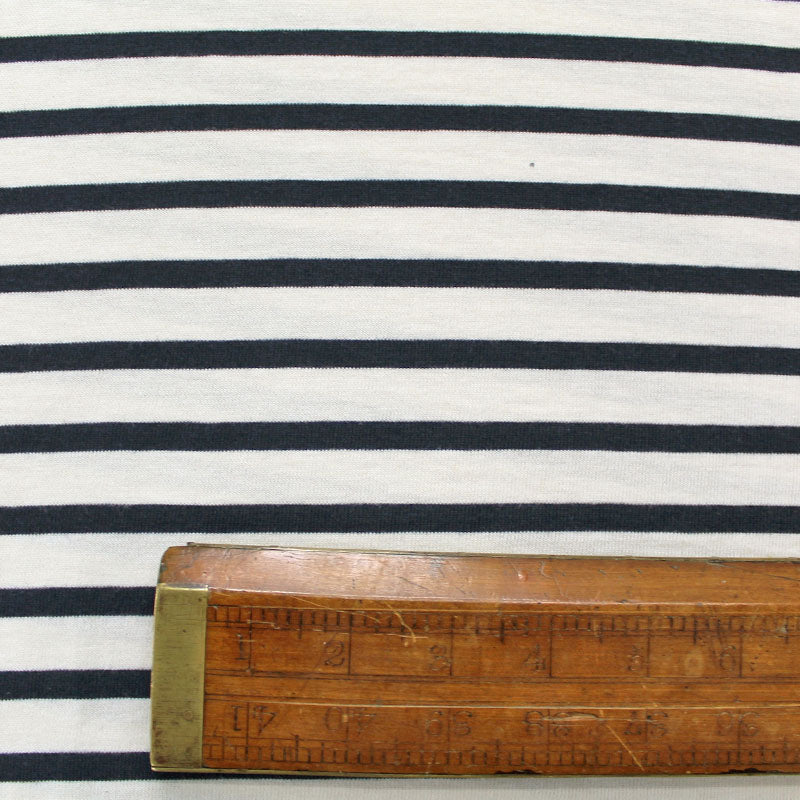 80CM REMNANT Dressmaking Organic Cotton Jersey - Navy and Ecru Breton Stripe