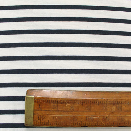 80CM REMNANT Dressmaking Organic Cotton Jersey - Navy and Ecru Breton Stripe