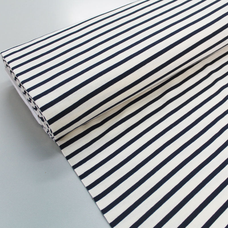 80CM REMNANT Dressmaking Organic Cotton Jersey - Navy and Ecru Breton Stripe