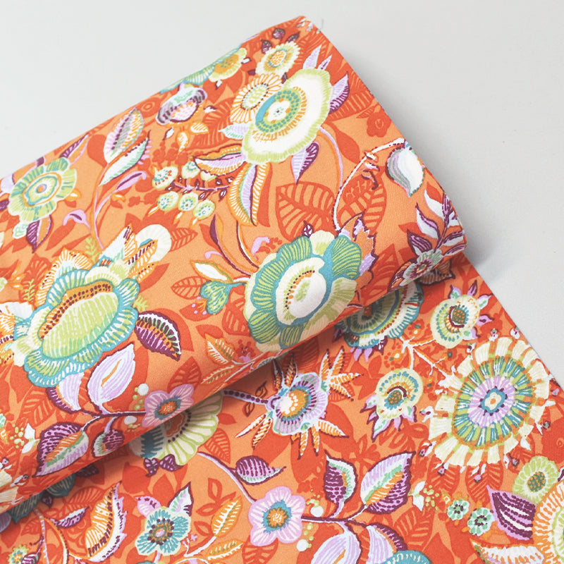 Orange With Green Floral Viscose Fabric