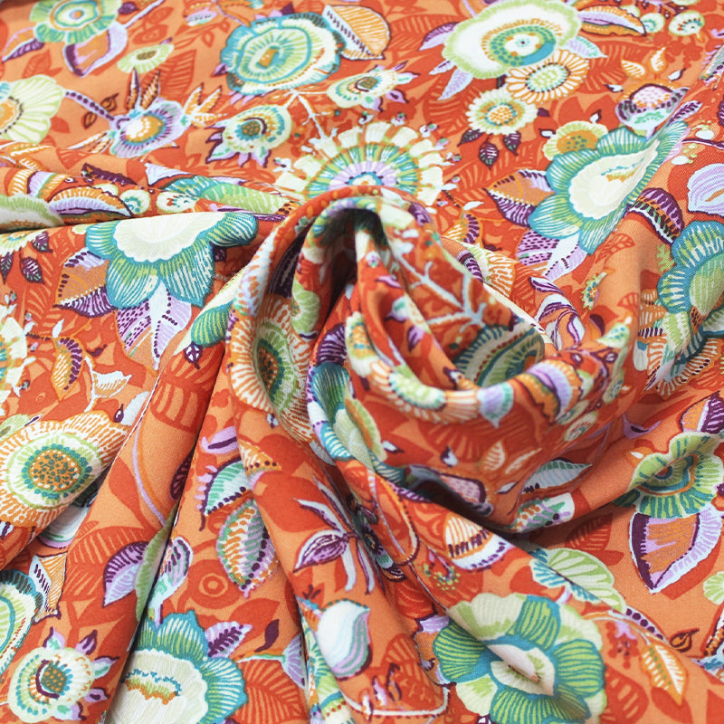 Orange With Green Floral Viscose Fabric