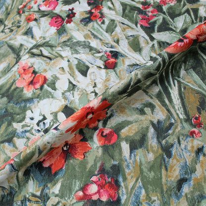 Red Floral Furnishing Cotton Panama Fabric