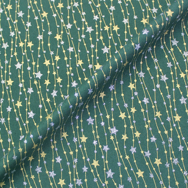 Green & Metallic Stars Christmas Cotton Fabric