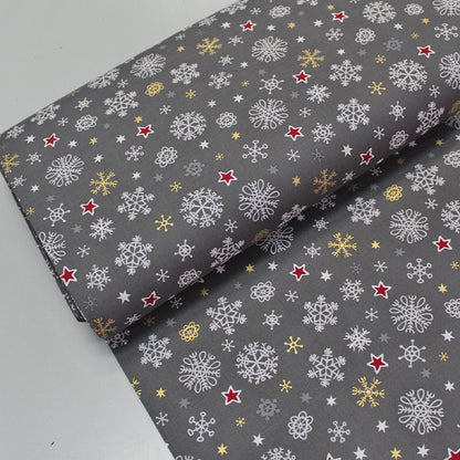 Grey snow and star print Christmas fabric
