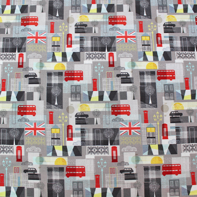 Grey multicolour London Icon print cotton fabric
