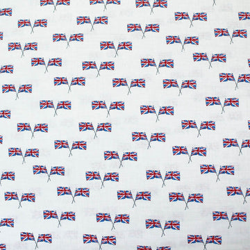 A fabric with a Union Jack print, featuring crossed flags of the UK on a cream background, suitable for bunting, patchwork, and quilting.