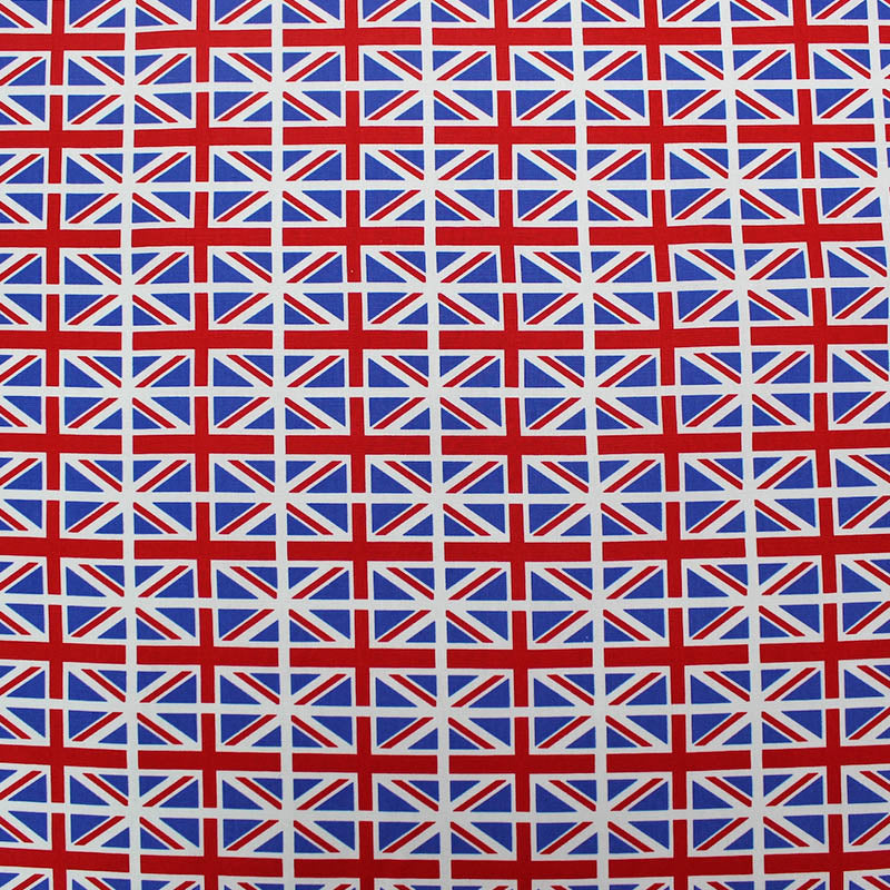 100% Cotton Union Jack Flag Fabric
 in red, white and blue. With the flags in neat rows 