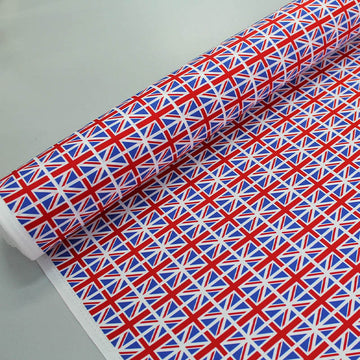 100% Cotton Union Jack Flag Fabric
 in red, white and blue. With the flags in neat rows 