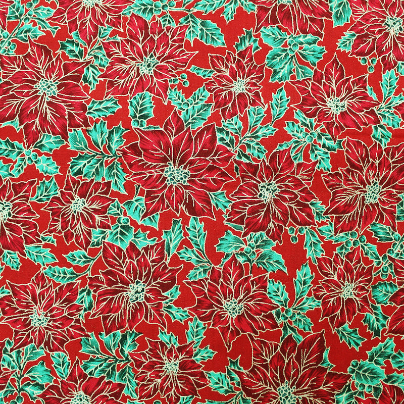 Metallic Christmas Cotton - Red - Poinsettia
