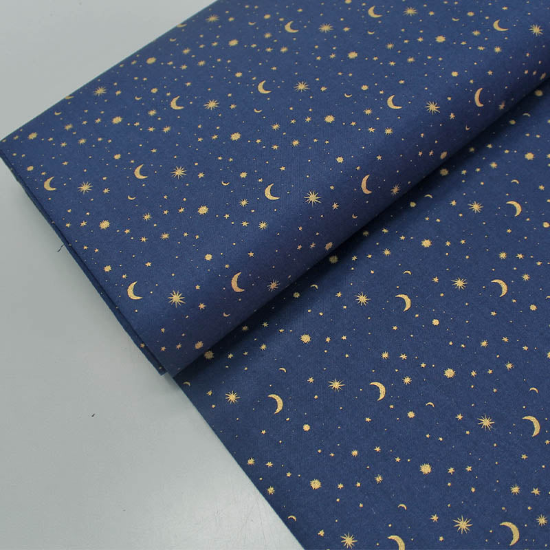 Navy Blue and Gold Moon and Stars Cotton Fabric