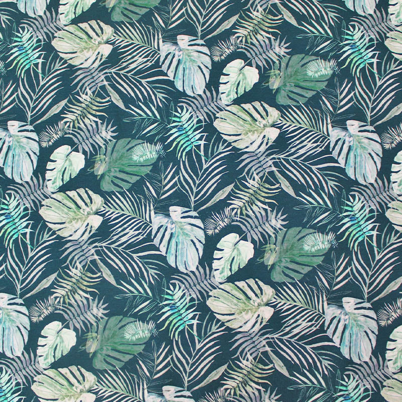 Petrol Blue Palm Print French Terry Fabric