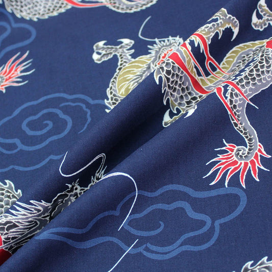 Printed Animal Cotton - Japanese Indigo Blue Dragon