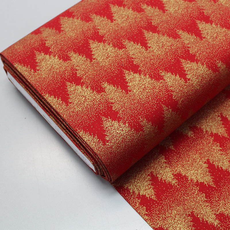 Red Metallic Tree Print Christmas Fabric