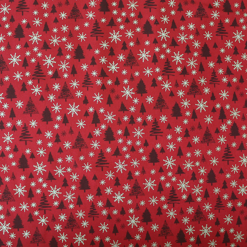 Red Christmas Cotton - Gold Snowflakes and Trees