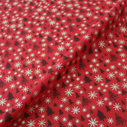 Red Christmas Cotton - Gold Snowflakes and Trees