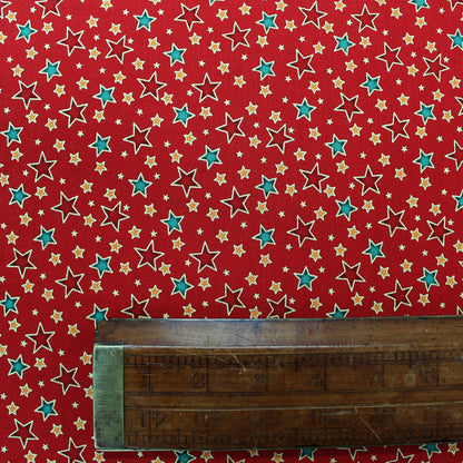 Red Metallic Christmas Cotton - Golden Stars
