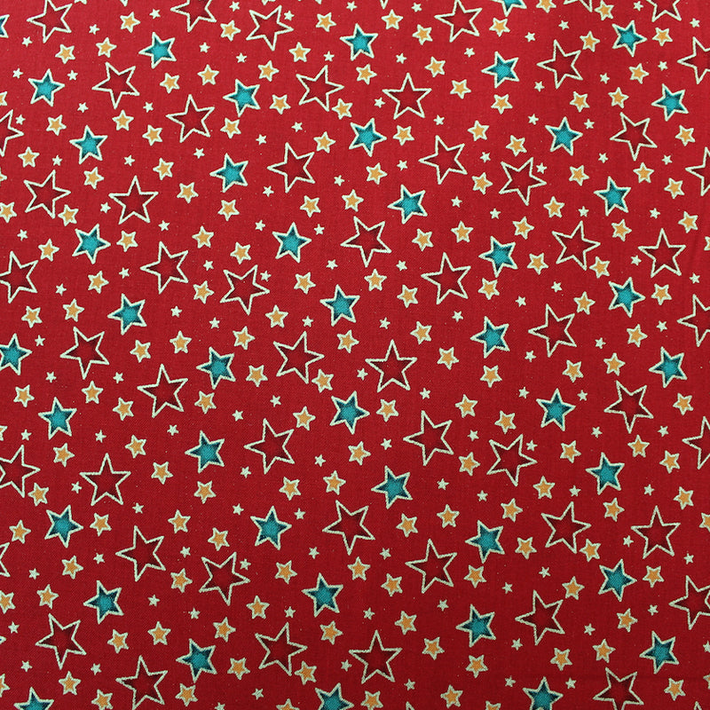 Red Metallic Christmas Cotton - Golden Stars