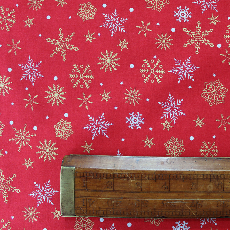 Red Quilting Christmas Cotton - Metallic Snowflakes