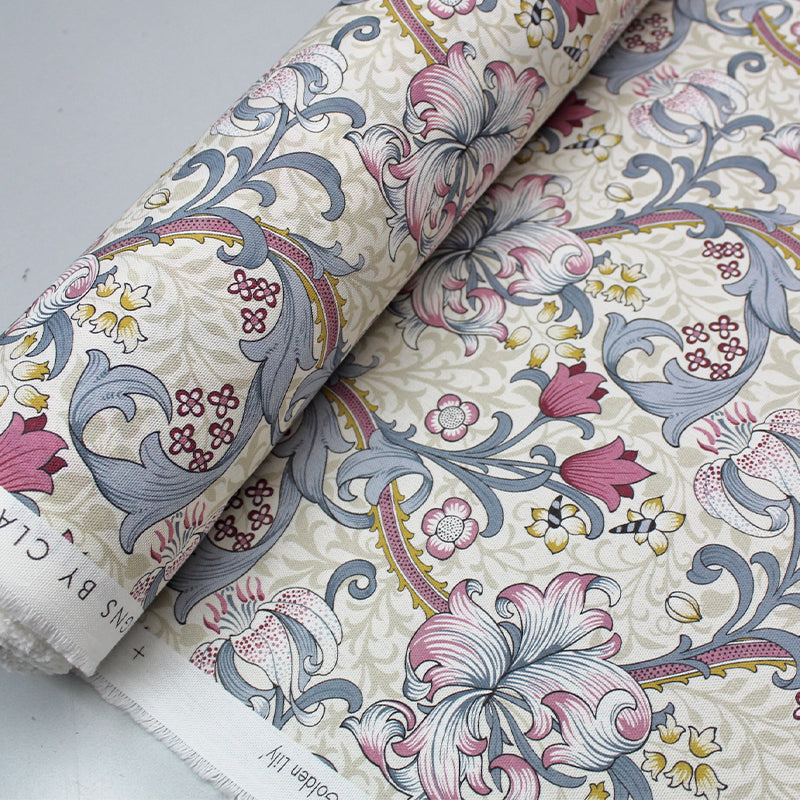 William Morris Golden Lily Furnishing Fabric - Dove Grey & Plum