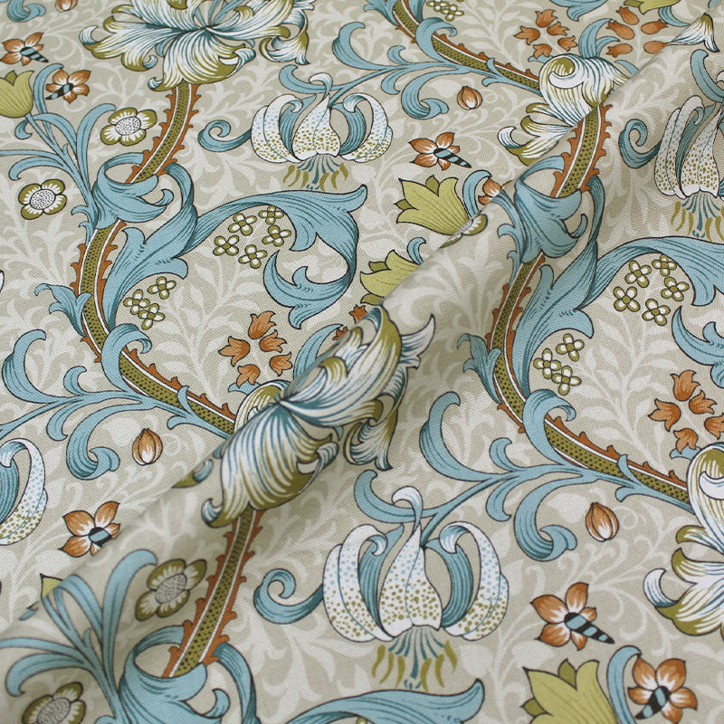 William Morris Golden Lily Furnishing Fabric - Linen & Teal Blue