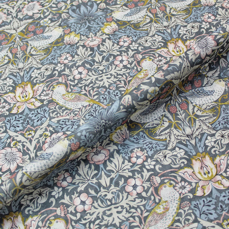 William Morris Strawberry Thief Fabric - Slate Grey And Blush
