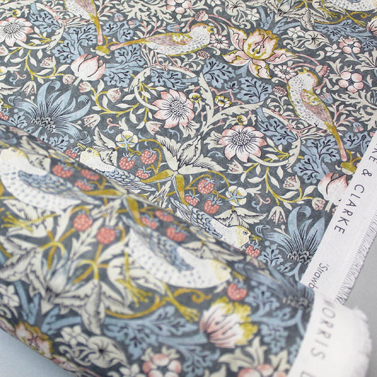 William Morris Strawberry Thief Fabric - Slate Grey And Blush