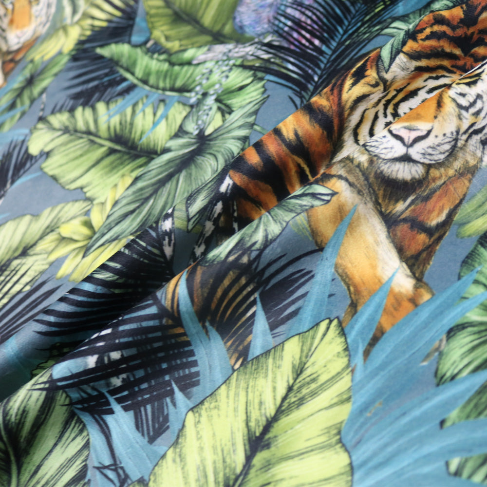 Blue Tiger Tropical Print Velvet Fabric
