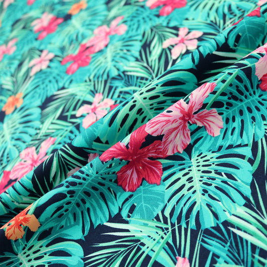 Dressmaking Tropical Palms & Flowers Print Cotton - Greens
