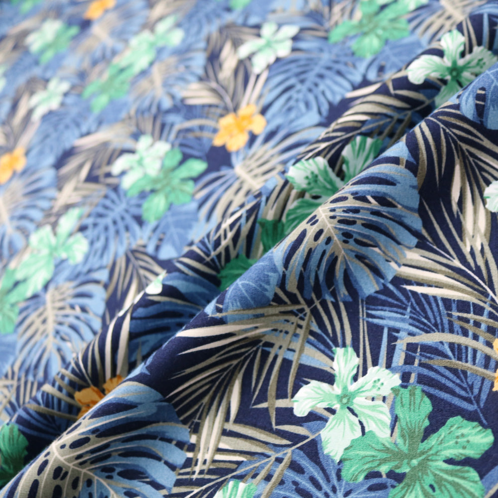 Dressmaking Tropical Palms & Flowers Print Cotton - Blues