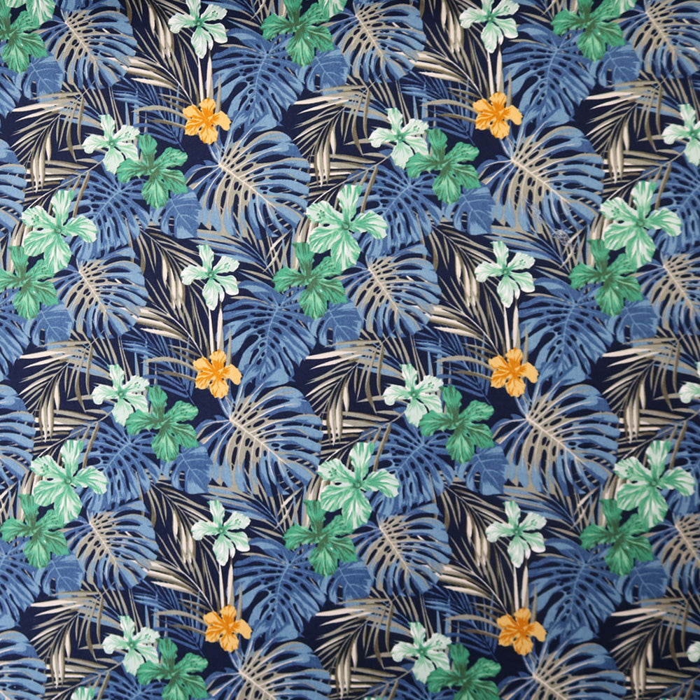 Tropical Palms & Flowers Print Cotton Fabric - Blues | Fabrics Galore