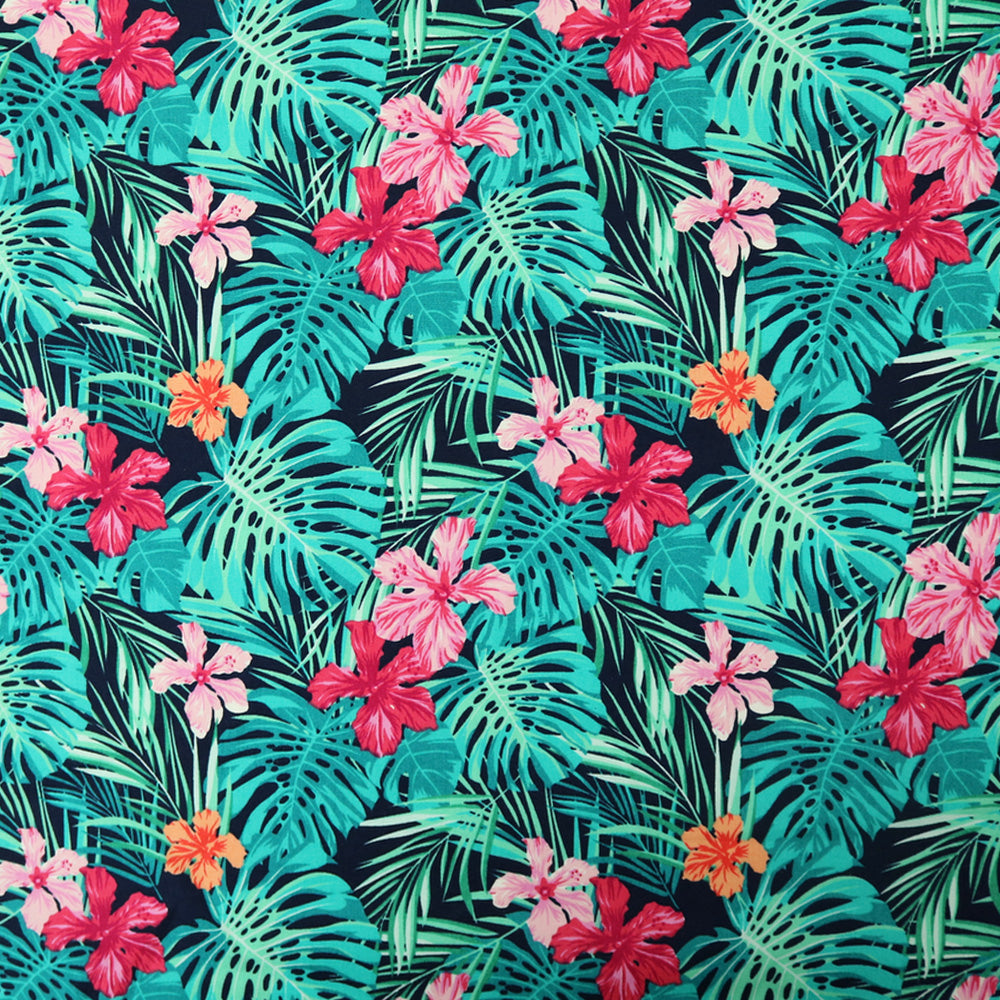 Dressmaking Tropical Palms & Flowers Print Cotton - Greens